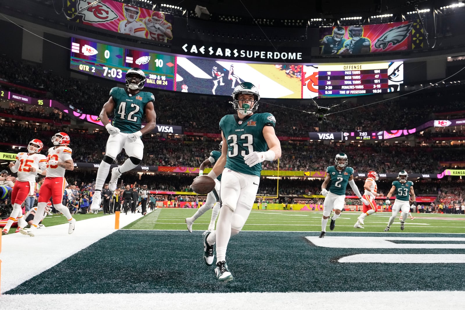 Philadelphia Eagles defensive back Cooper DeJean (33) celebrates after intercepting a pass and running it back for a touchdown during the first half of the NFL Super Bowl 59 football game against the Kansas City Chiefs, Sunday, Feb. 9, 2025, in New Orleans. (AP Photo/Doug Benc)