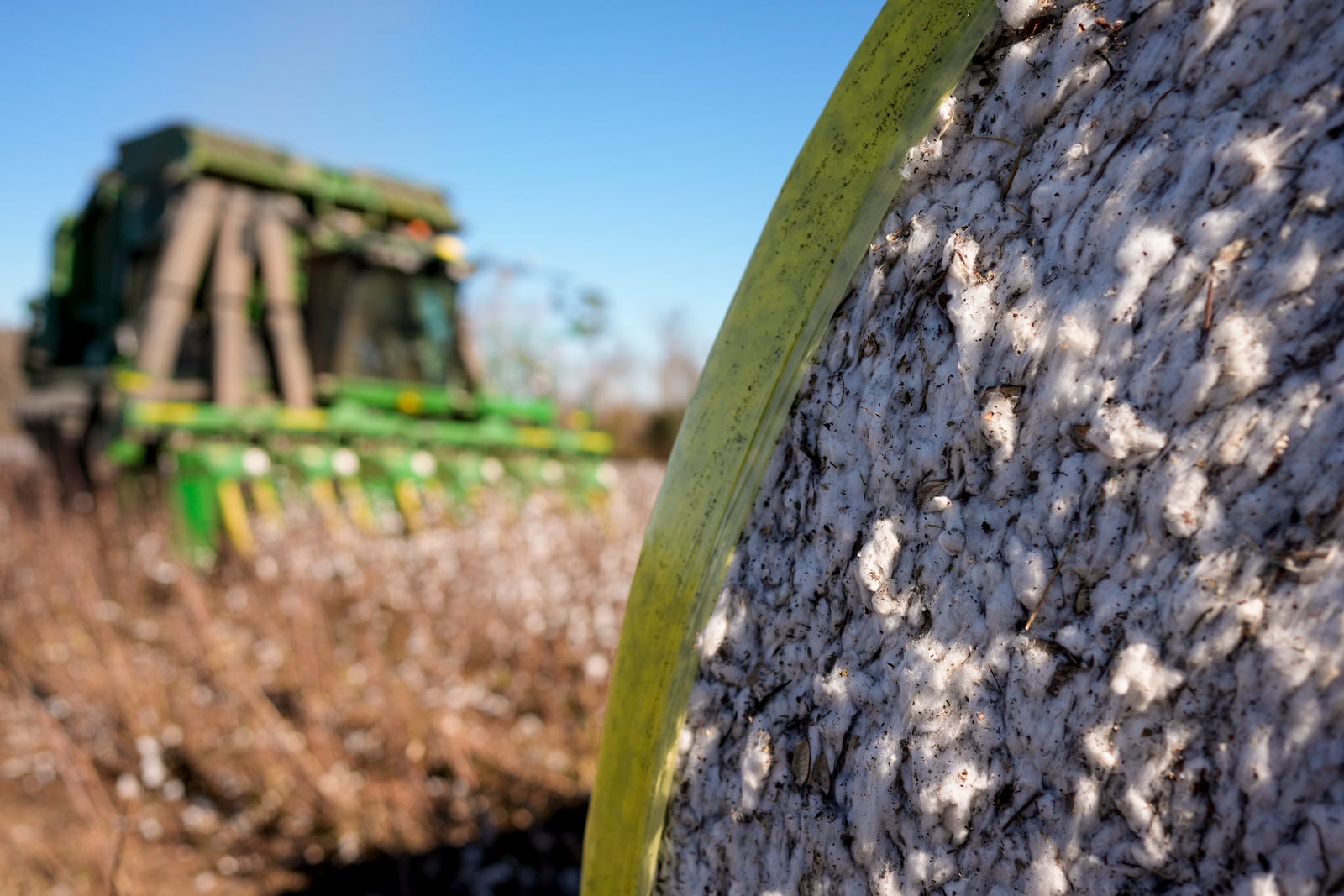 A cotton picker moves through Chris Hopkins' cotton field as a round bale sits, Friday, Dec. 6, 2024, near Lyons, Ga. (AP Photo/Mike Stewart)