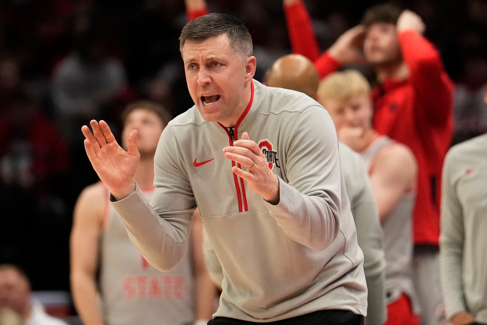 Ohio State head coach Jake Diebler gestures in the second half of an NCAA college basketball game against Michigan State Friday, Jan. 3, 2025, in Columbus, Ohio. (AP Photo/Sue Ogrocki)