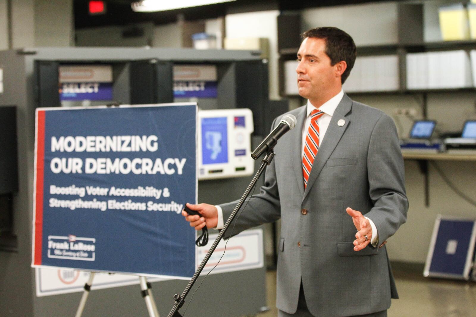 Ohio Secretary of State Frank LaRose visited the Montgomery County Board of Elections this past spring to discuss the GOP voting proposal introduced in the Ohio House by Reps. Bill Seitz and Sharon Ray. CHRIS STEWART/FILE