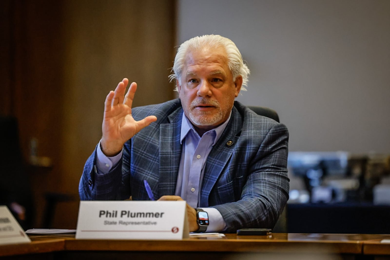 Ohio rep. Phil Plummer patriciates in a roundtable discussion about keeping home-grown talent and rebuilding the workforce at SInclair Community College Tuesday August 29, 2023.  JIM NOELKER/STAFF