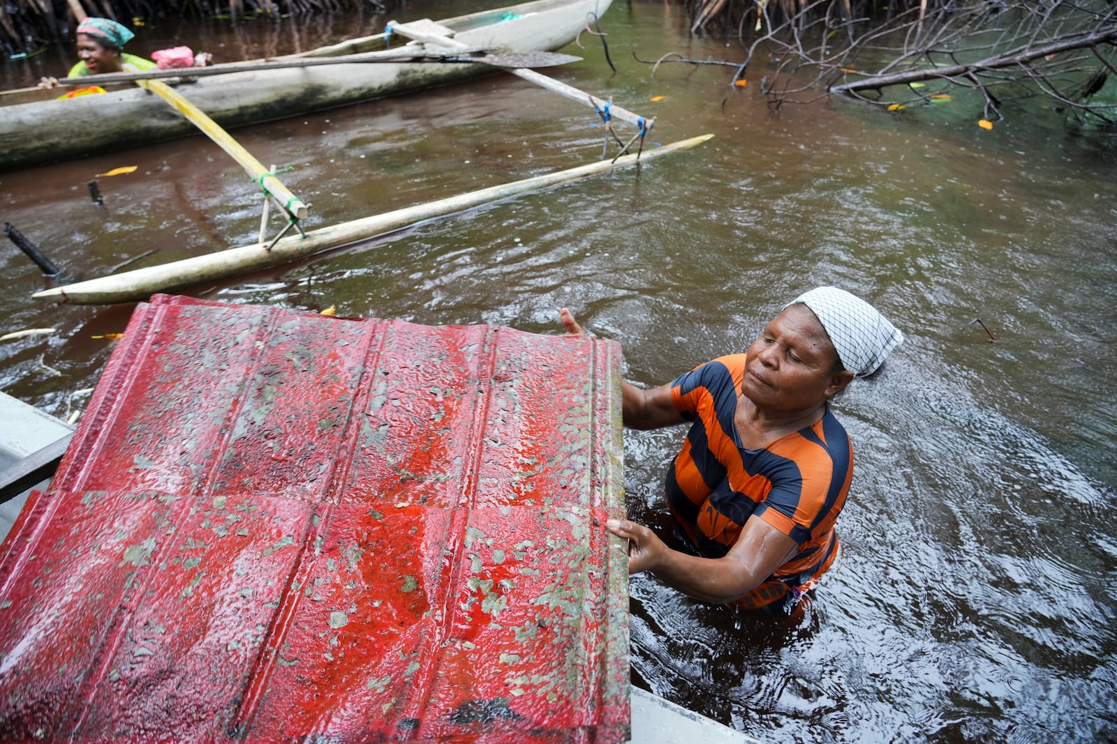 Paula Hamadi cleans up trash as she collects clams in a mangrove forest where only women are permitted to enter in Jayapura, Papua province, Indonesia on Wednesday, Oct. 2, 2024. (AP Photo/Firdia Lisnawati)