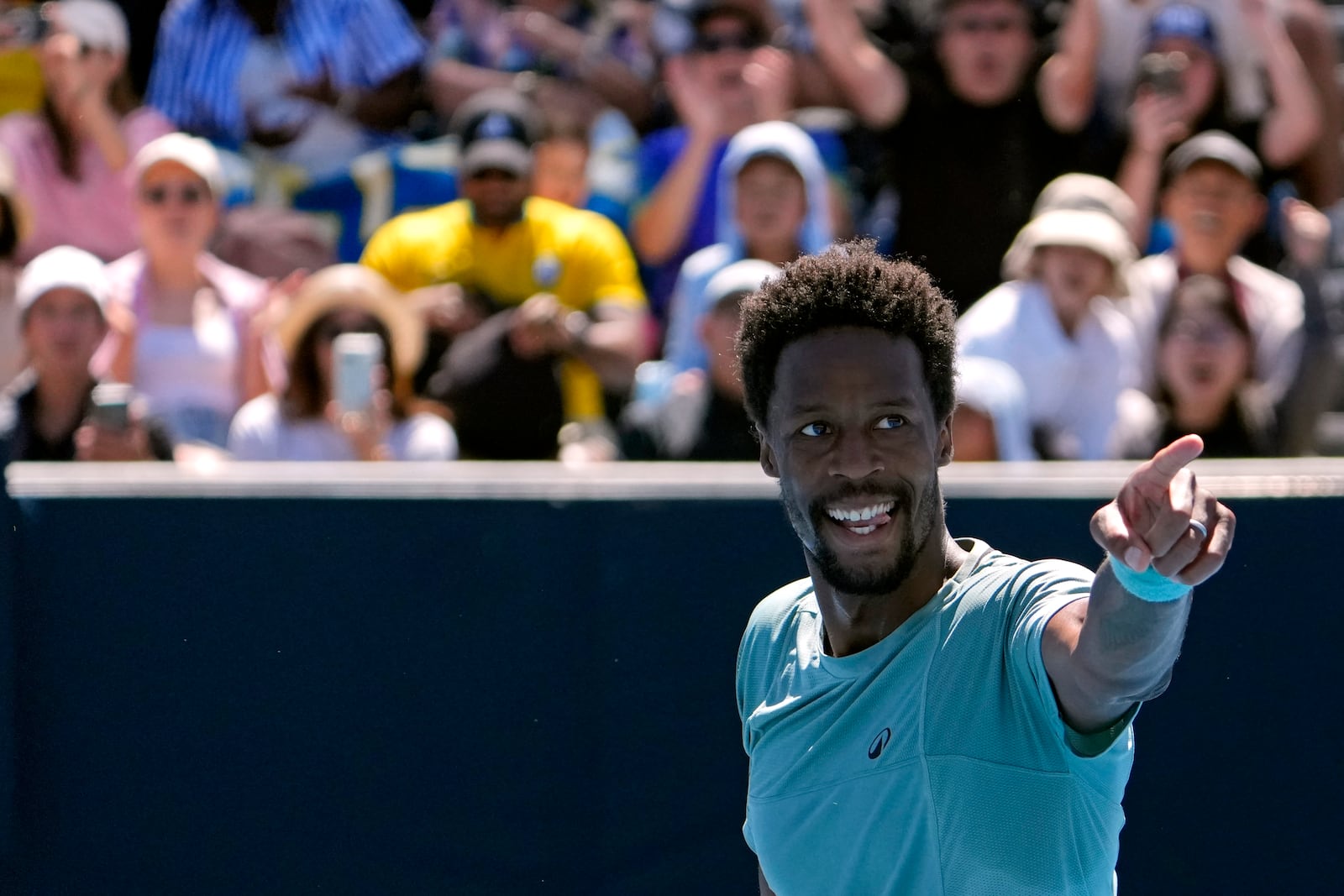 Gael Monfils of France reacts after defeating Daniel Altmaier of Germany in their second round match at the Australian Open tennis championship in Melbourne, Australia, Thursday, Jan. 16, 2025. (AP Photo/Asanka Brendon Ratnayake)