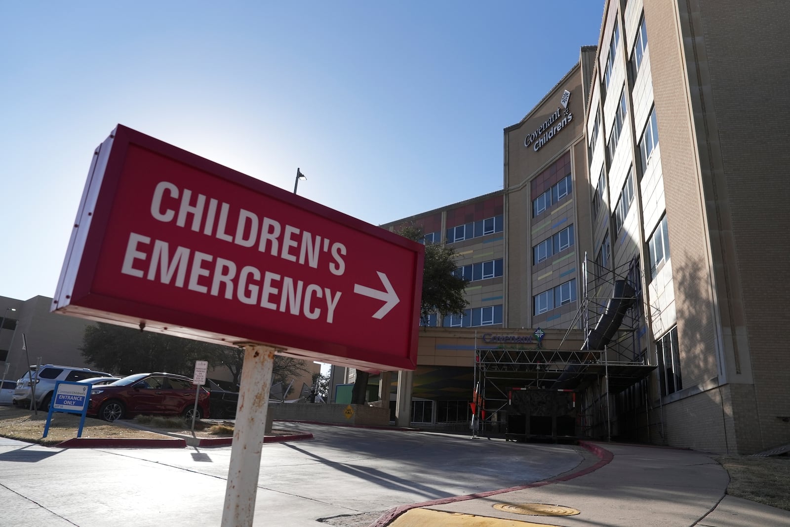 Covenant Children's Hospital is pictured from outside the emergency entrance on Wednesday, Feb. 26, 2025, in Lubbock, Texas. (AP Photo/Mary Conlon)