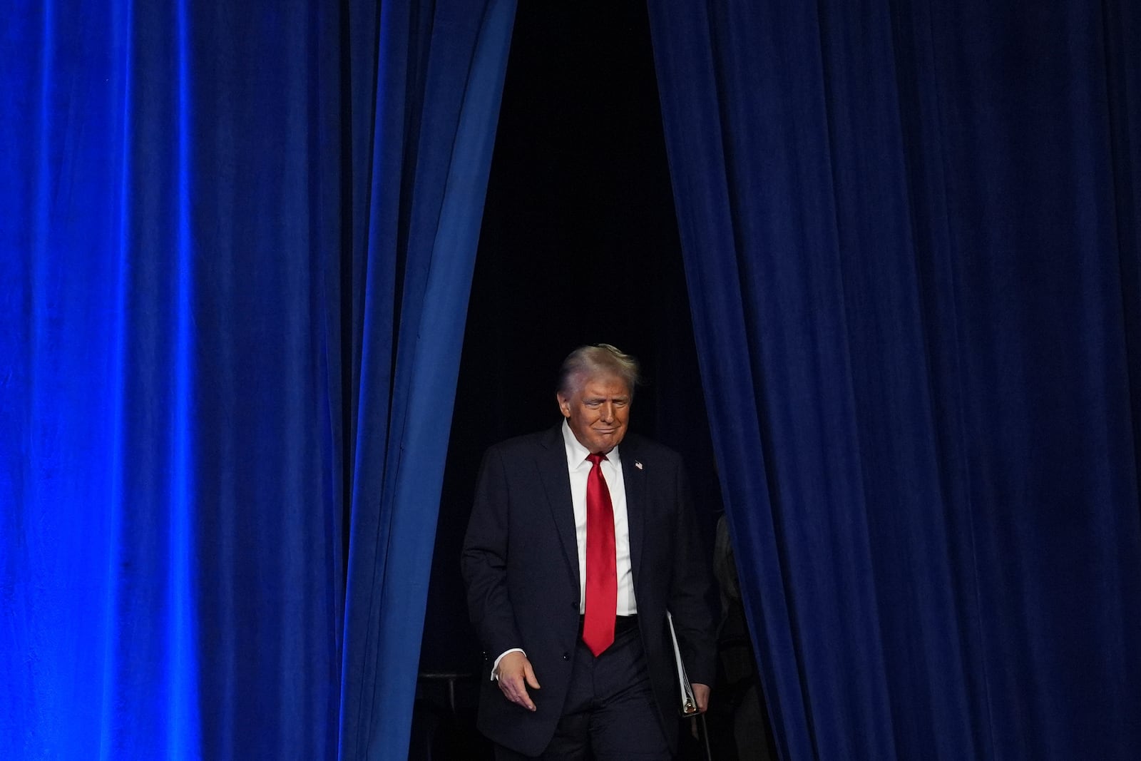 FILE - Republican presidential nominee former President Donald Trump arrives at an election night watch party at the Palm Beach Convention Center, Nov. 6, 2024, in West Palm Beach, Fla. (AP Photo/Evan Vucci, File)