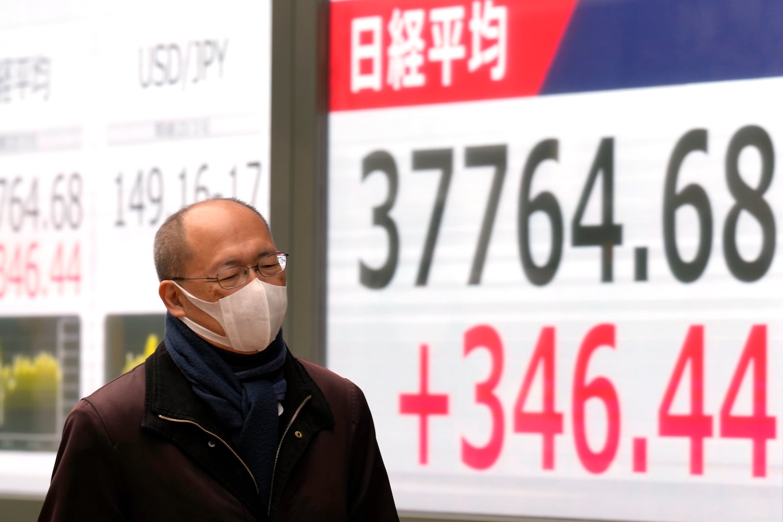 A person walks in front of an electronic stock board showing Japan's Nikkei index at a securities firm Thursday, March 6, 2025, in Tokyo. (AP Photo/Eugene Hoshiko)