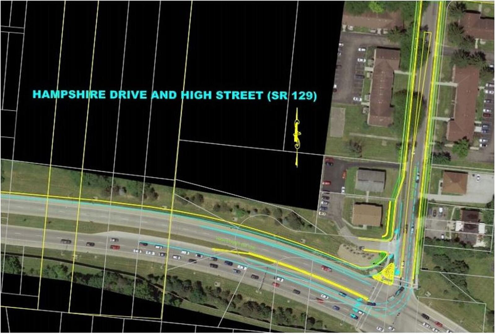 Hamilton officials hope to make improvements in coming years to the intersection of Hampshire Drive with Ohio 129 (High Street) on the eastern edge of the city. It is one of the state’s top crash sites for intersections of its type. PROVIDED