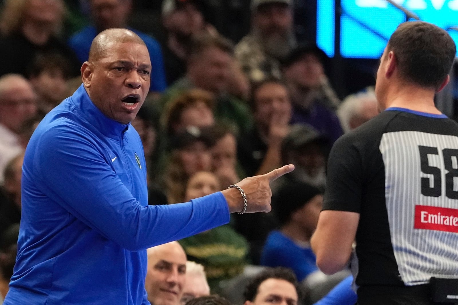 Milwaukee Bucks head coach Doc Rivers argues a call during the first half of an Emirates NBA cup tournament basketball game Friday, Nov. 22, 2024, in Milwaukee. (AP Photo/Morry Gash)