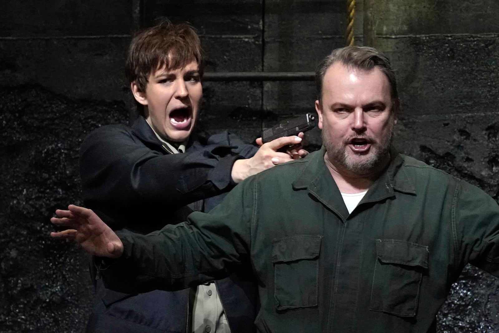 Soprano Lise Davidsen, left, as Leonore, and bass-baritone Tomasz Konieczny, as Don Pizarro, perform during a dress rehearsal of Beethoven's "Fidelio," at New York's Metropolitan Opera, Friday, Feb. 28, 2025. (AP Photo/Richard Drew)