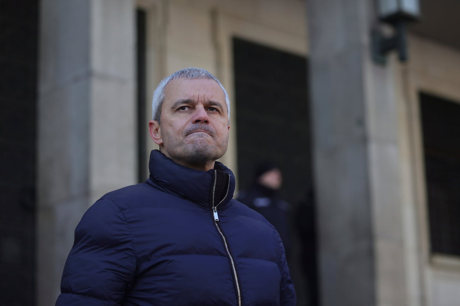 Leader of Pro-Russian Vazrazhdane party speaks during nationalists protest demanding the government to scrap plans to take the country into the eurozone, Sofia, Saturday, Feb. 22, 2025. (AP Photo/Valentina Petrova)