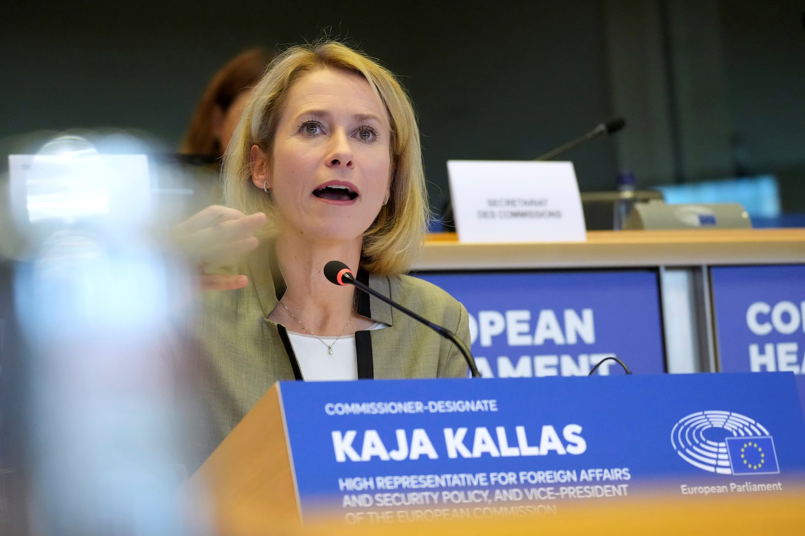 Estonia's Kaja Kallas, nominee for European Union High Representative and Vice-President for Foreign Affairs and Security Policy, speaks during her hearing at the European Parliament in Brussels on Tuesday, Nov. 12, 2024. (AP Photo/Virginia Mayo)