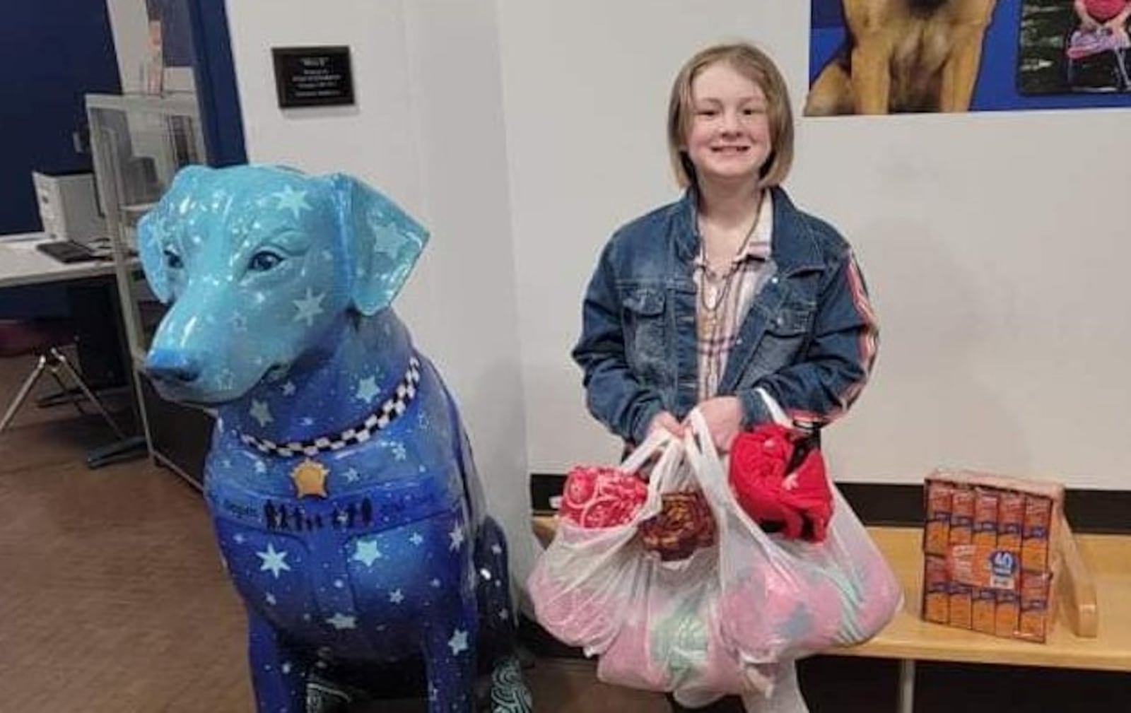 Abby Tucker, 10, a fifth-grader at Mayfield Elementary School in Middletown, used some of her Christmas money to buy blankets and food for the homeless. She dropped the items off this week at the Middletown police department. SUBMITTED PHOTO