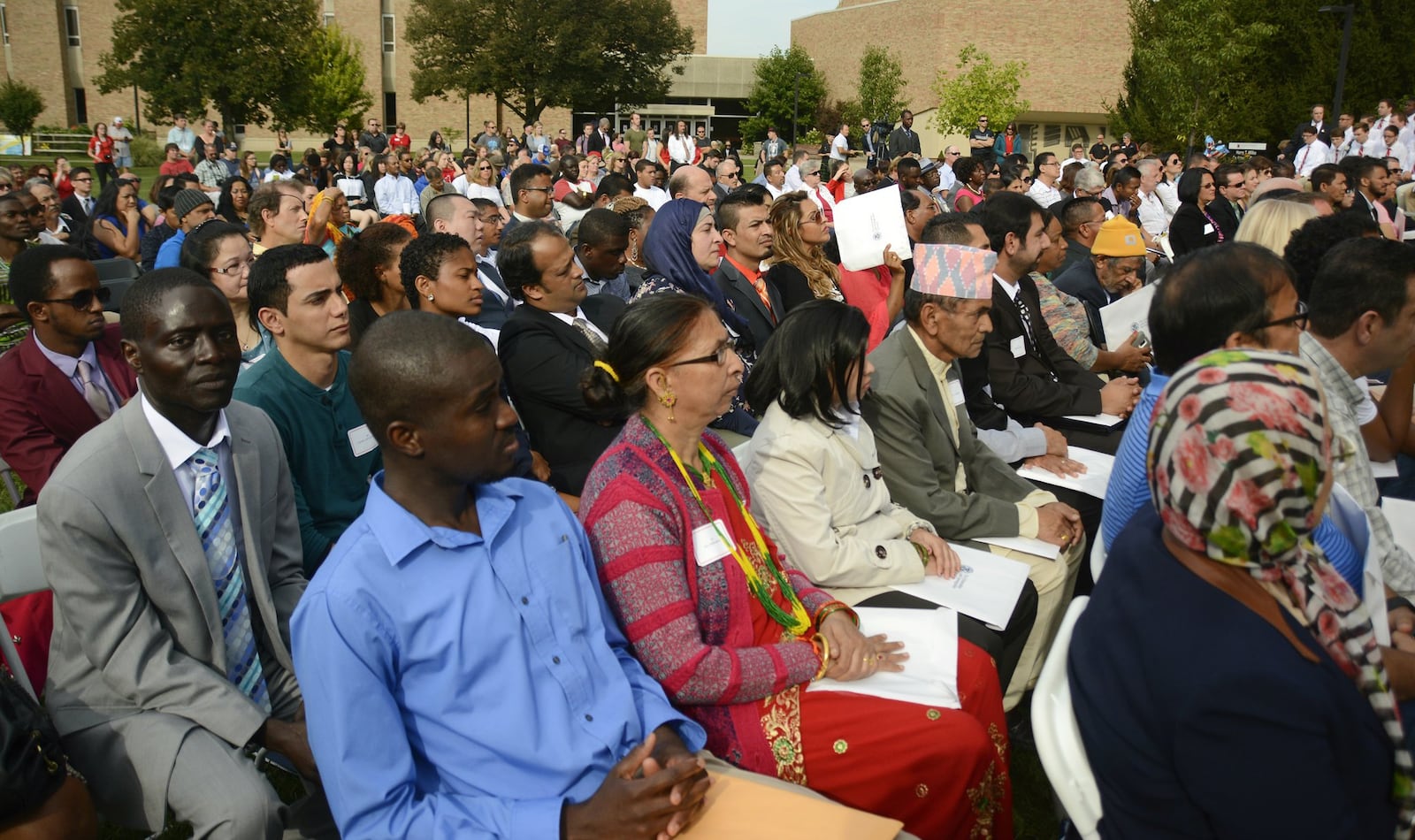 For the second consecutive year, Miami University Regionals in Hamilton hosted a naturalization ceremony on its quad. On Sept. 15, 2016, 86 people from 38 countries took the oath of citizenship and became American citizens. MICHAEL D. PITMAN/STAFF