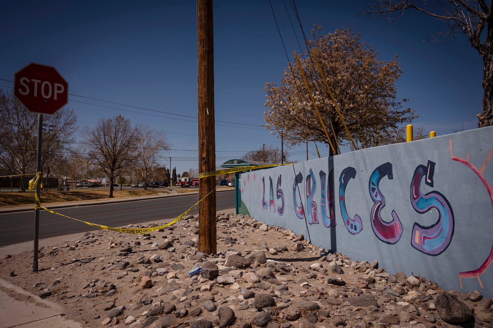 Crime scene tape blocks off Young Park after Friday night's fatal shooting in Las Cruces, N.M., on Saturday, March 22, 2025. (Chancey Bush/The Albuquerque Journal via AP)