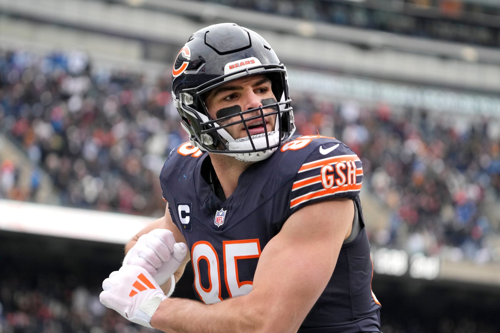 Chicago Bears tight end Cole Kmet celebrates his touchdown reception from quarterback Caleb Williams during the first half of an NFL football game against the Detroit Lions on Sunday, Dec. 22, 2024, in Chicago. (AP Photo/Nam Y. Huh)