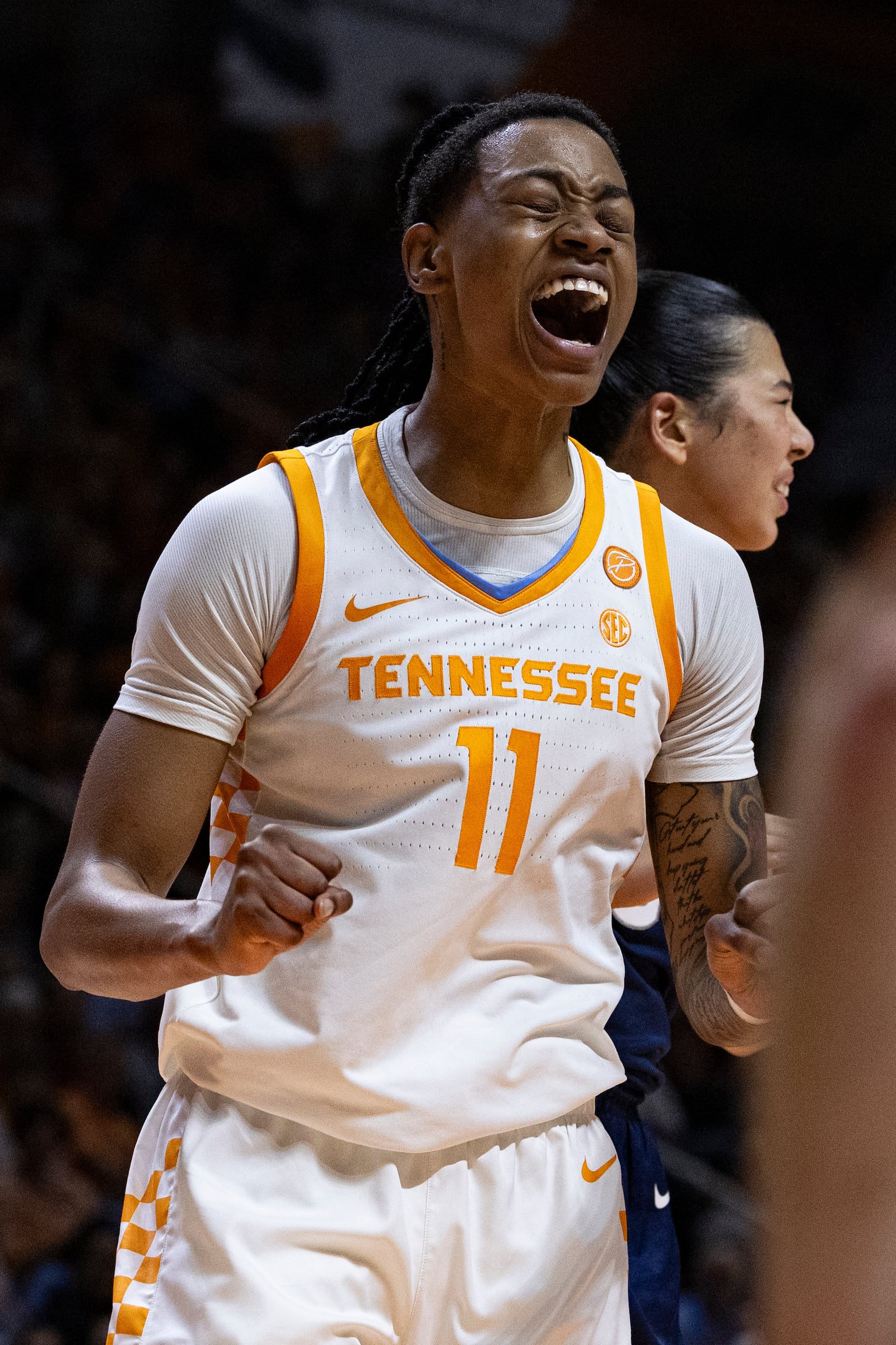 Tennessee forward Zee Spearman (11) reacts to being fouled during the first half of an NCAA college basketball game against UConn, Thursday, Feb. 6, 2025, in Knoxville, Tenn. (AP Photo/Wade Payne)