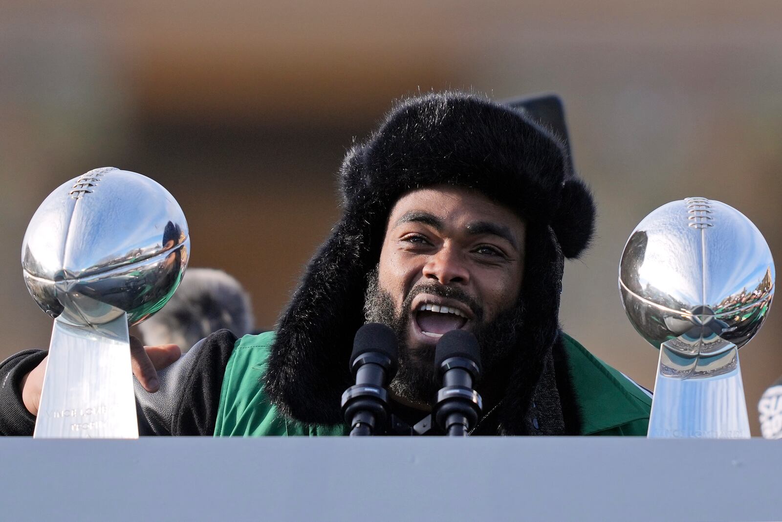 Philadelphia Eagles defensive end Brandon Graham speaks during the team's NFL football Super Bowl 59 parade and celebration, Friday, Feb. 14, 2025, in Philadelphia. (AP Photo/Matt Rourke)