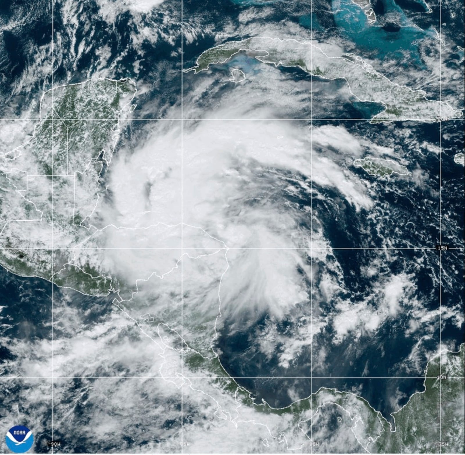 This GOES_East GeoGolor satellite image taken Thursday, Nov. 14, 2024, at 1:03 p.m. EST and provided by the National Oceanic and Atmospheric Administration (NOAA), shows Tropical Storm Sara. (CIRA/NOAA via AP)