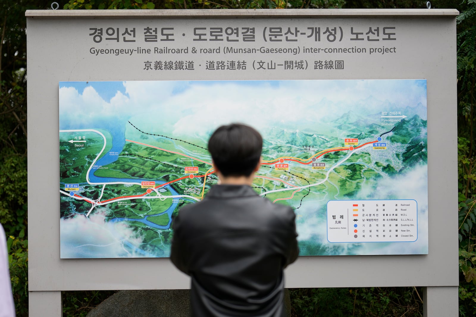 A visitor looks at a map of railroad and road between two Koreas cities, South's Munsan and North's Kaesong, at the Imjingak Pavilion in Paju, South Korea, Tuesday, Oct. 15, 2024. (AP Photo/Lee Jin-man)