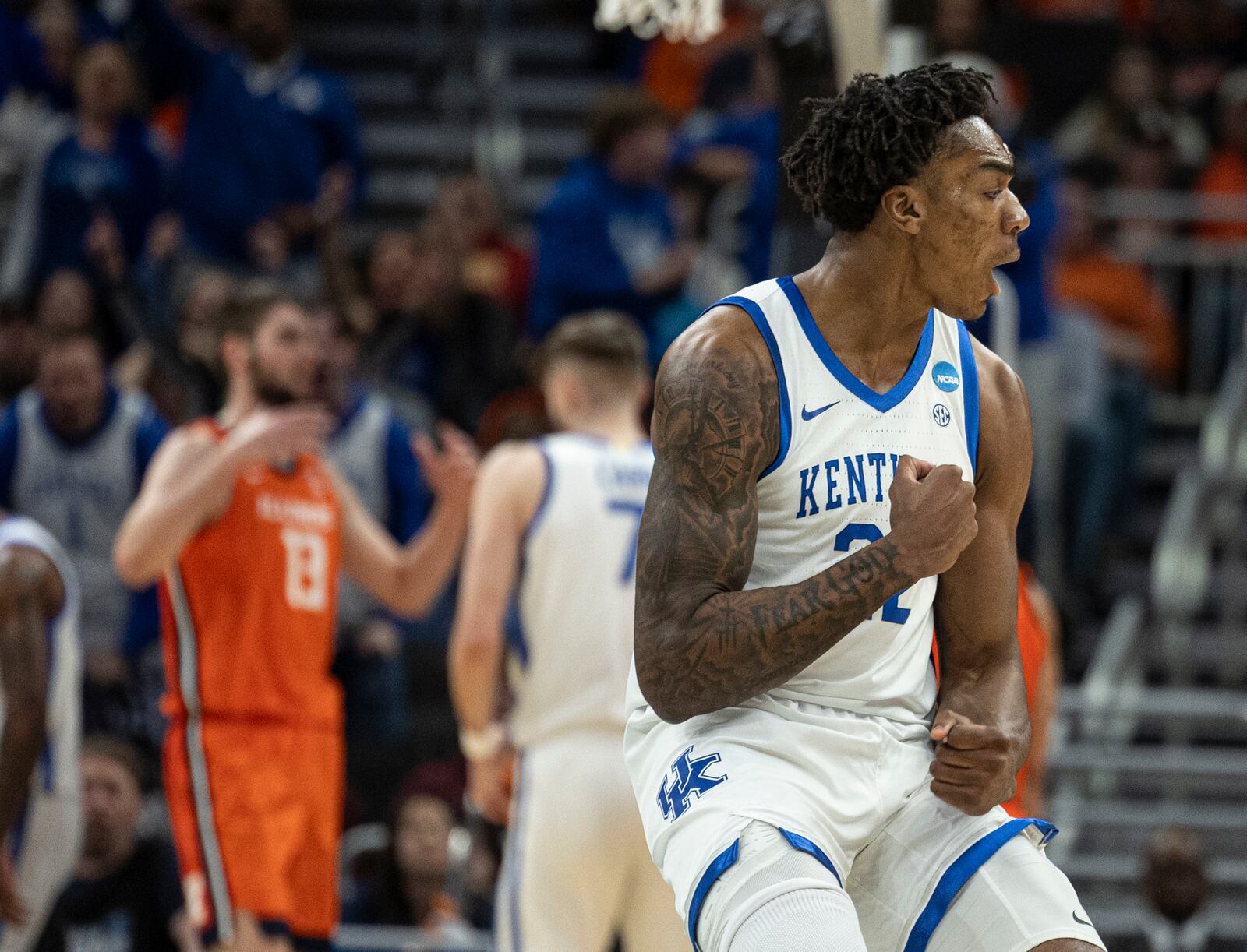 Kentucky center Amari Williams (22) reacts against Illinois in the second round of the NCAA college basketball tournament Sunday, March 23, 2025, in Milwaukee. (AP Photo/Jeffrey Phelps)