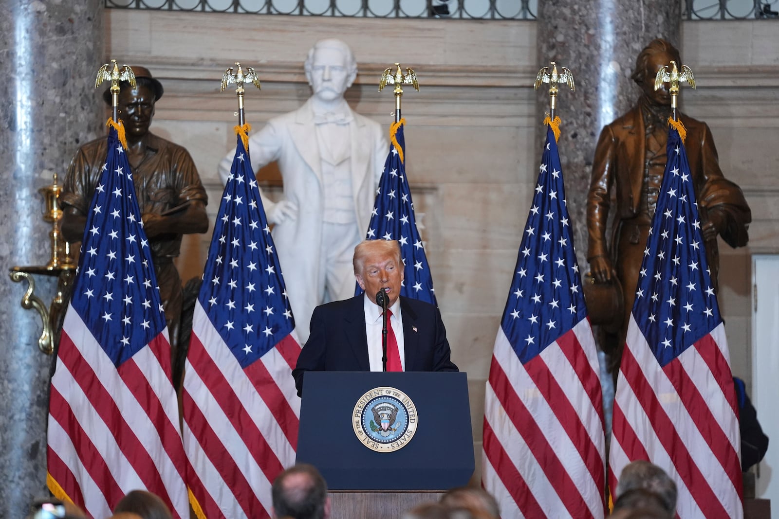 President Donald Trump speaks during the National Prayer Breakfast, at the Capitol in Washington, Thursday, Feb. 6, 2025. (AP Photo/Evan Vucci)