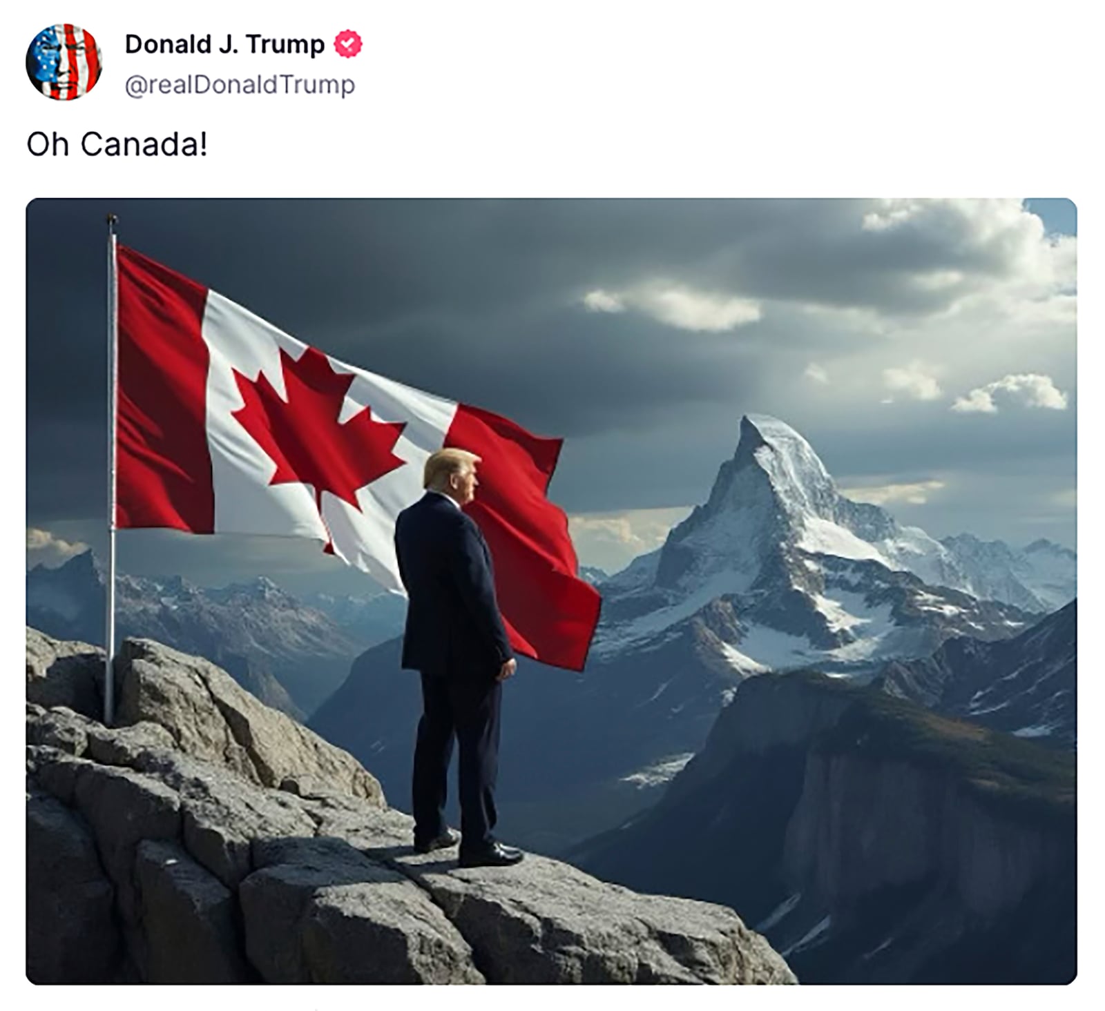 This screenshot from Donald Trump's Truth Social account shows am image of President-elect Donald Trump standing beside a Canadian flag. Trump’s recent summit with Canadian Prime Minister Justin Trudeau and visit to Paris for the reopening of the Notre Dame Cathedral were not just exercises in negotiating trade policy and diplomacy. For Trump, they’ve also become fodder for trolling. (Truth Social via AP)