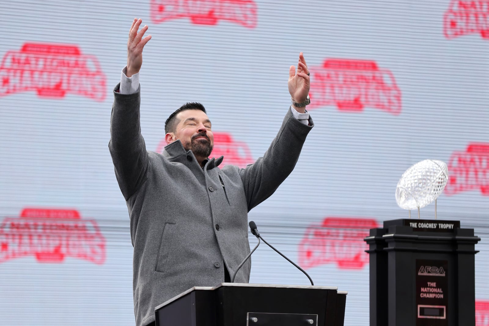 Ohio State Buckeyes head coach Ryan Day speaks during the National Championship football celebration at Ohio Stadium in Columbus, Ohio, Sunday, Jan. 26, 2025. (AP Photo/Joe Maiorana)