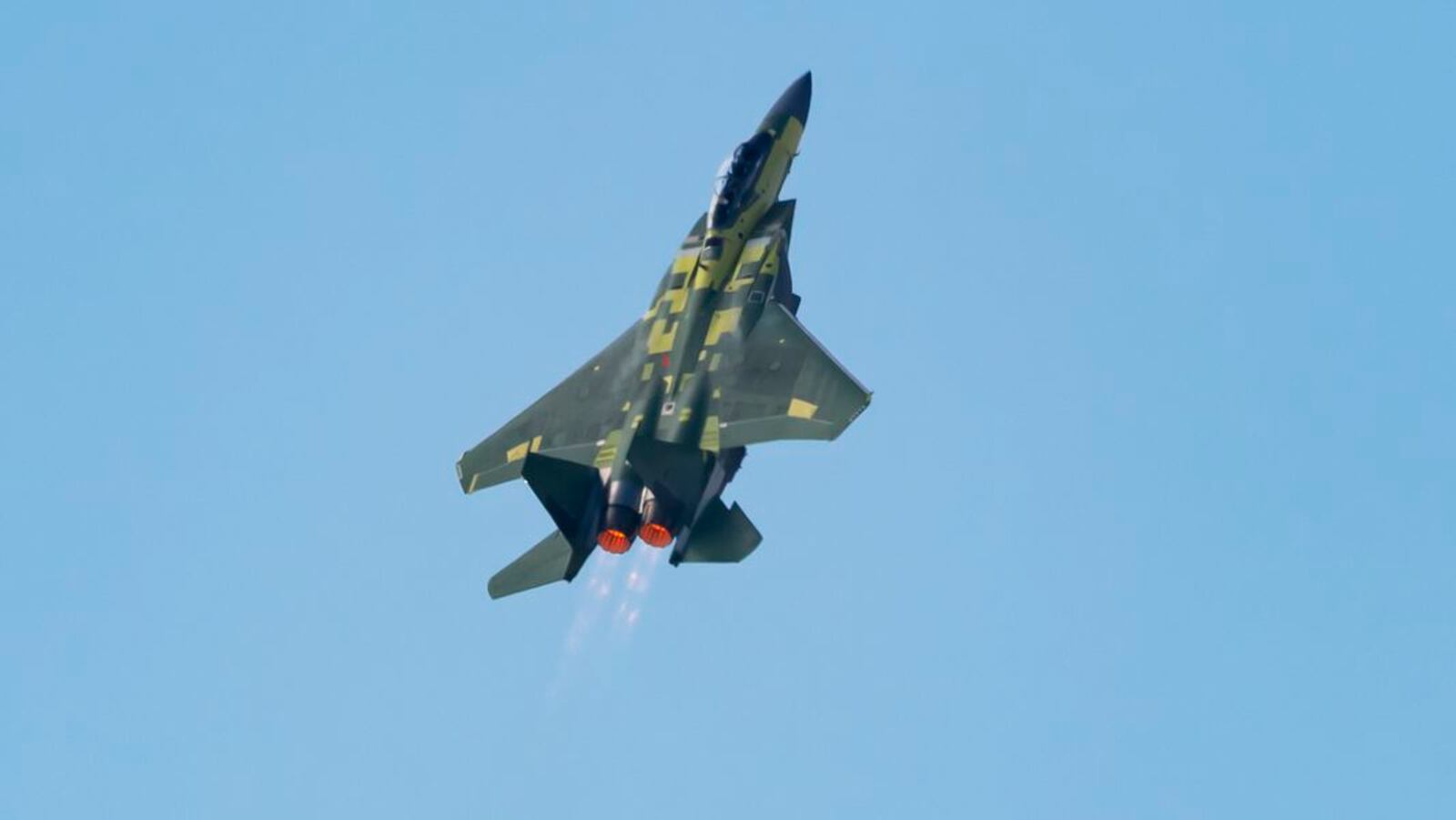 The F-15EX fighter jet demonstrates a vertical “Viking” departure during its first flight on Feb. 2, 2021. (Boeing photo by Eric Shindelbower)