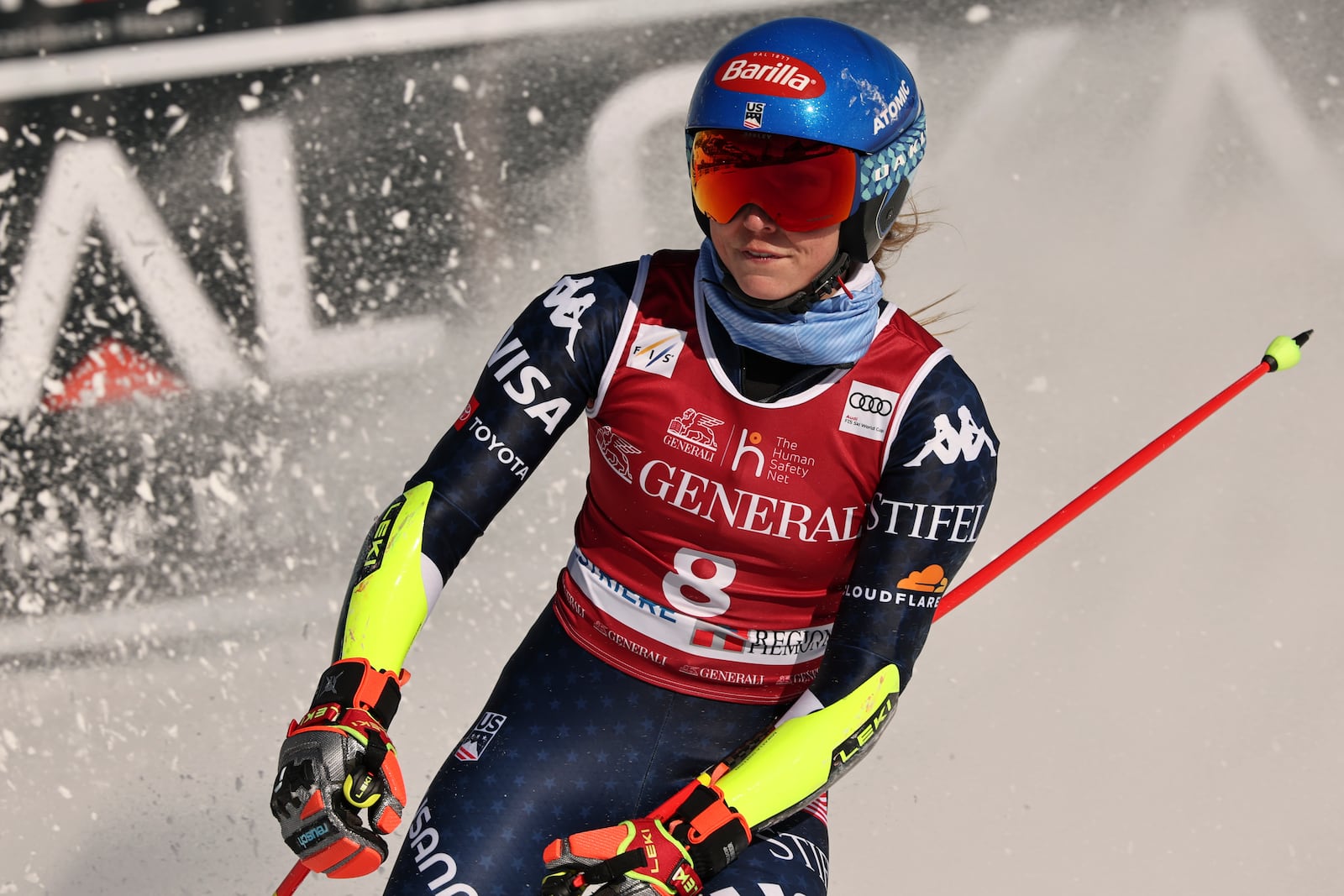 United States' Mikaela Shiffrin gets to the finish area after completing an alpine ski, women's World Cup giant slalom, in Sestriere, Italy, Friday, Feb. 21, 2025. (AP Photo/Marco Tacca)