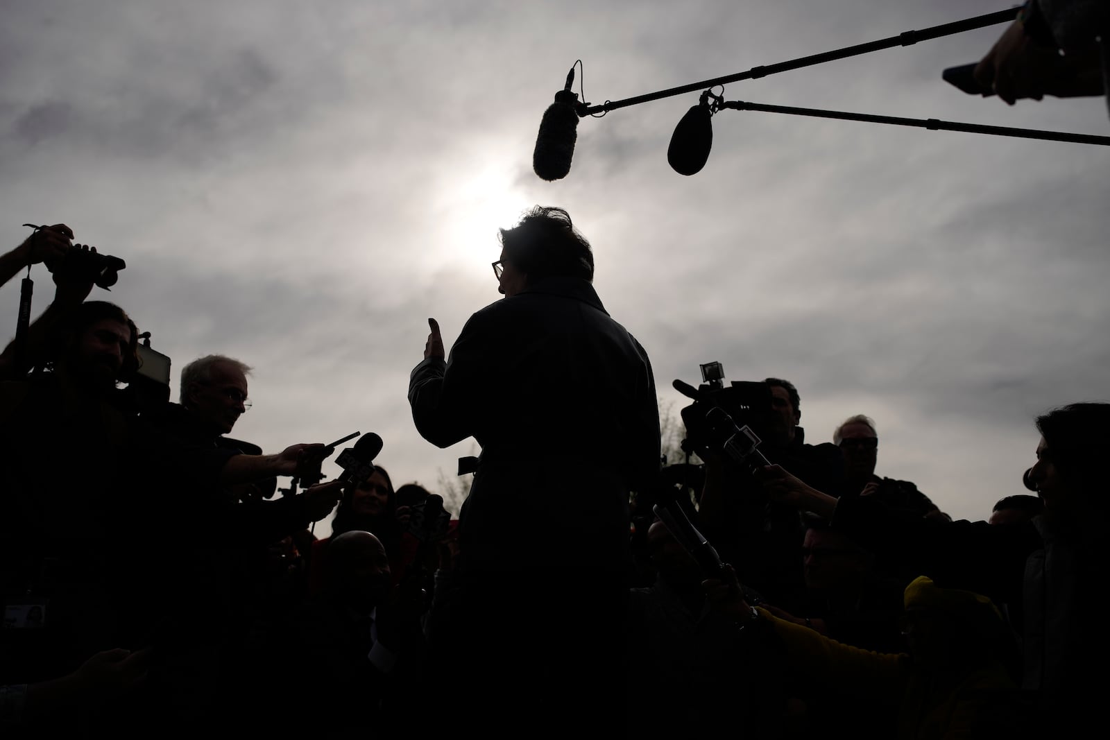 Senator Jacky Rosen, D-Nev., speaks to members of the media after voting at the Allegiant Stadium polling place, Tuesday, Nov. 5, 2024, in Las Vegas. (AP Photo/John Locher)