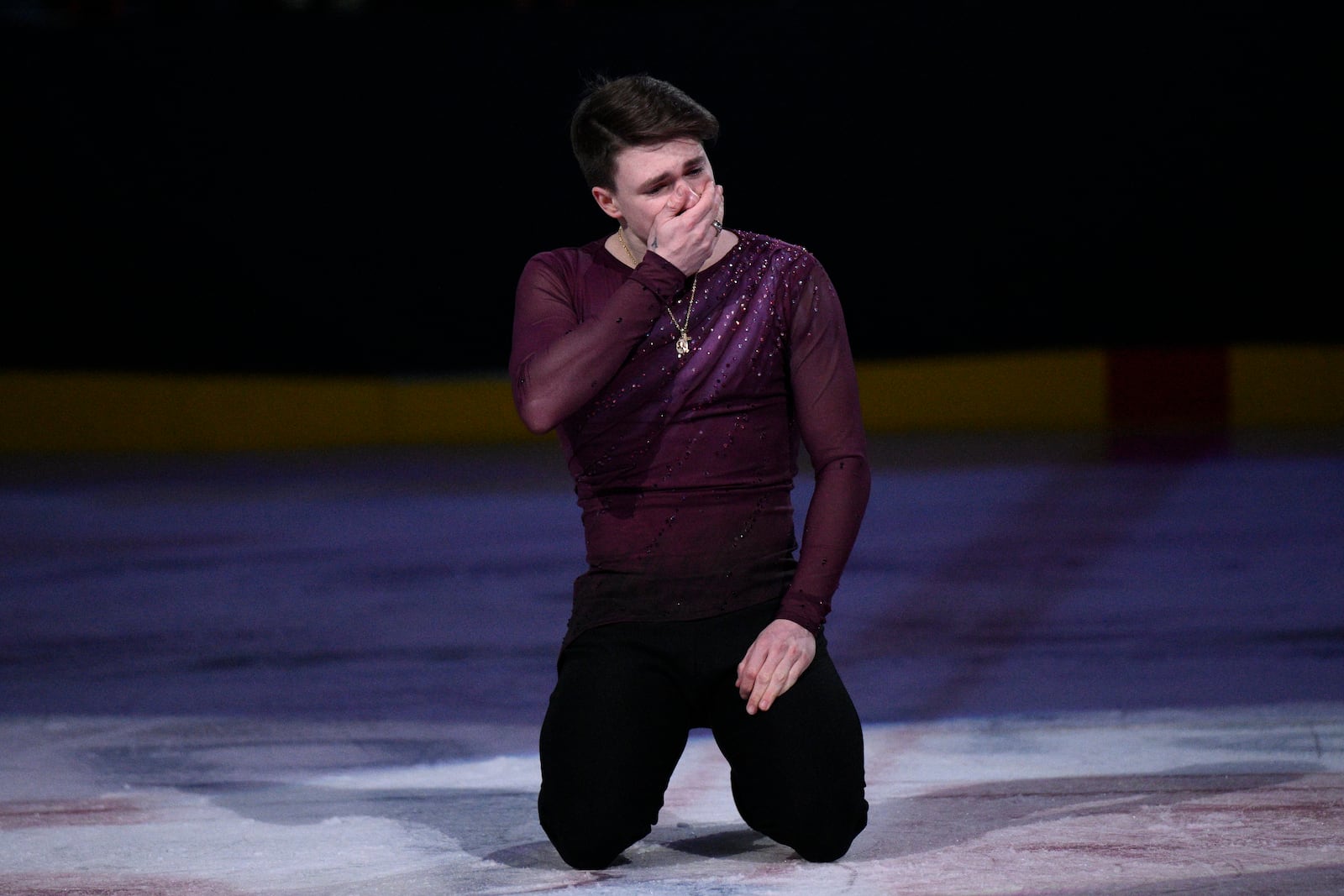 Max Naumov reacts after performing Sunday, March 2, 2025, in Washington at the Legacy on Ice event, a figure skating tribute to support the families and loved ones affected by the tragic Jan. 29, 2025, aviation incident. (AP Photo/Nick Wass)