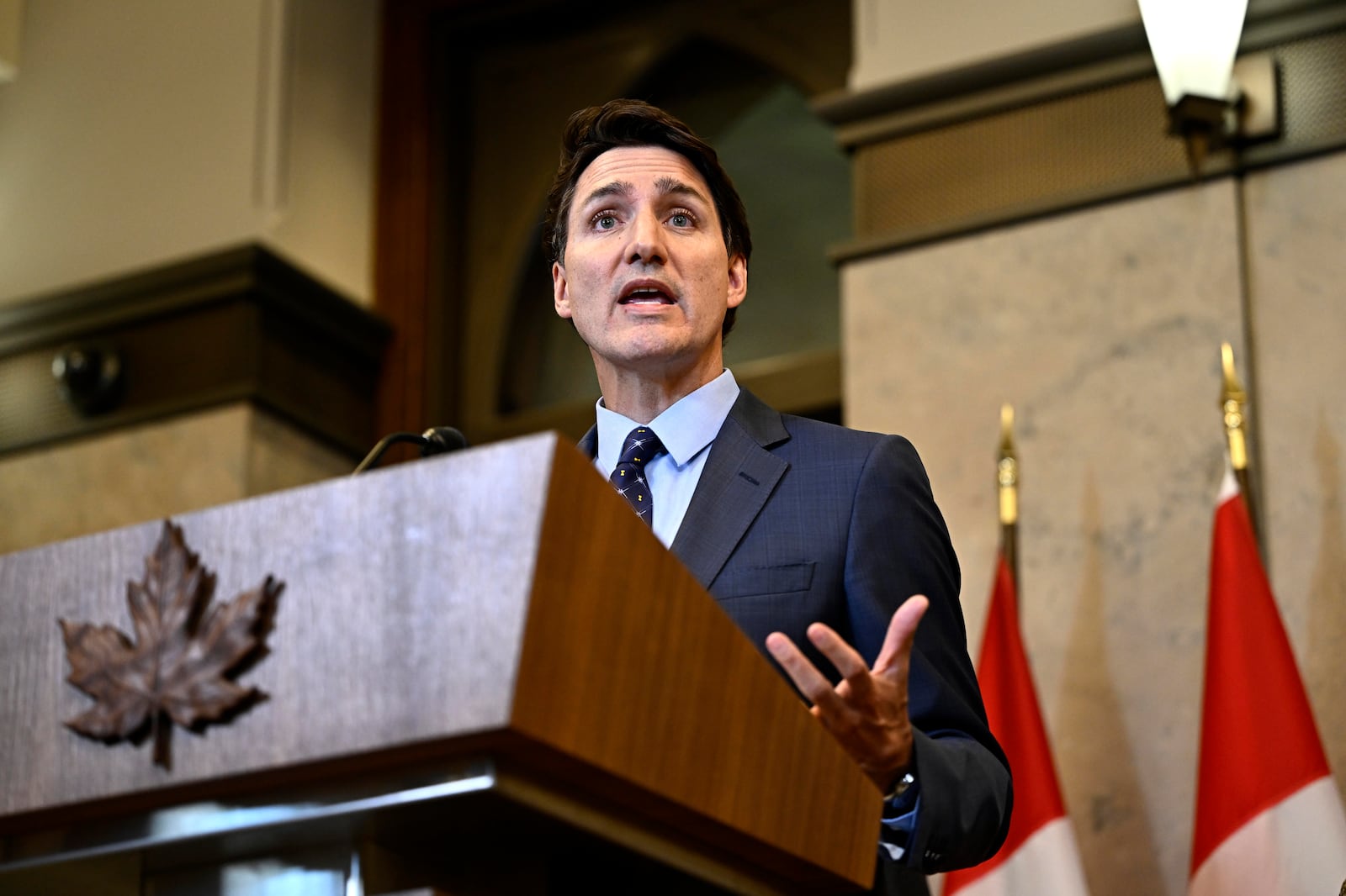 Canadian Prime Minister Justin Trudeau speaks at a news conference on the investigative efforts related to violent criminal activity occurring in Canada with connections to India, on Parliament Hill in Ottawa, Ontario, on Monday, Oct. 14, 2024. (Justin Tang/The Canadian Press via AP)