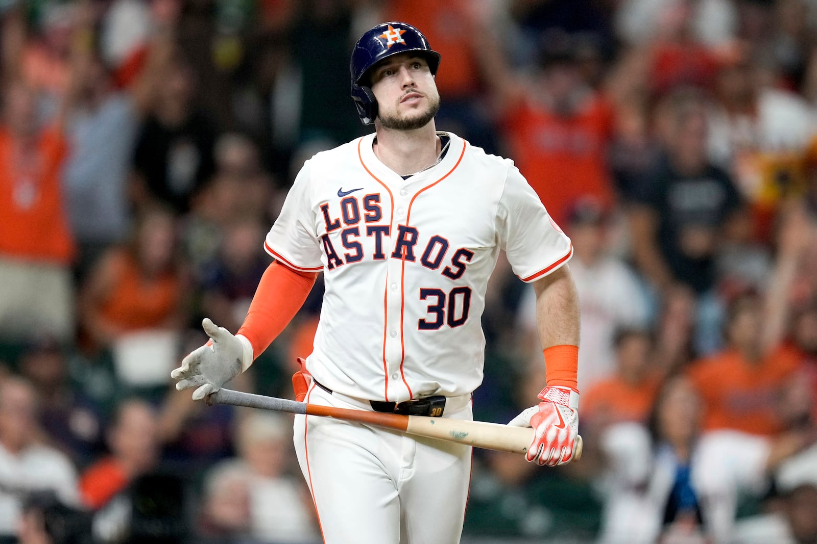 FILE - Houston Astros' Kyle Tucker watches his solo home run during the seventh inning of a baseball game against the Los Angeles Angels, Saturday, Sept. 21, 2024, in Houston. (AP Photo/Eric Christian Smith, File)