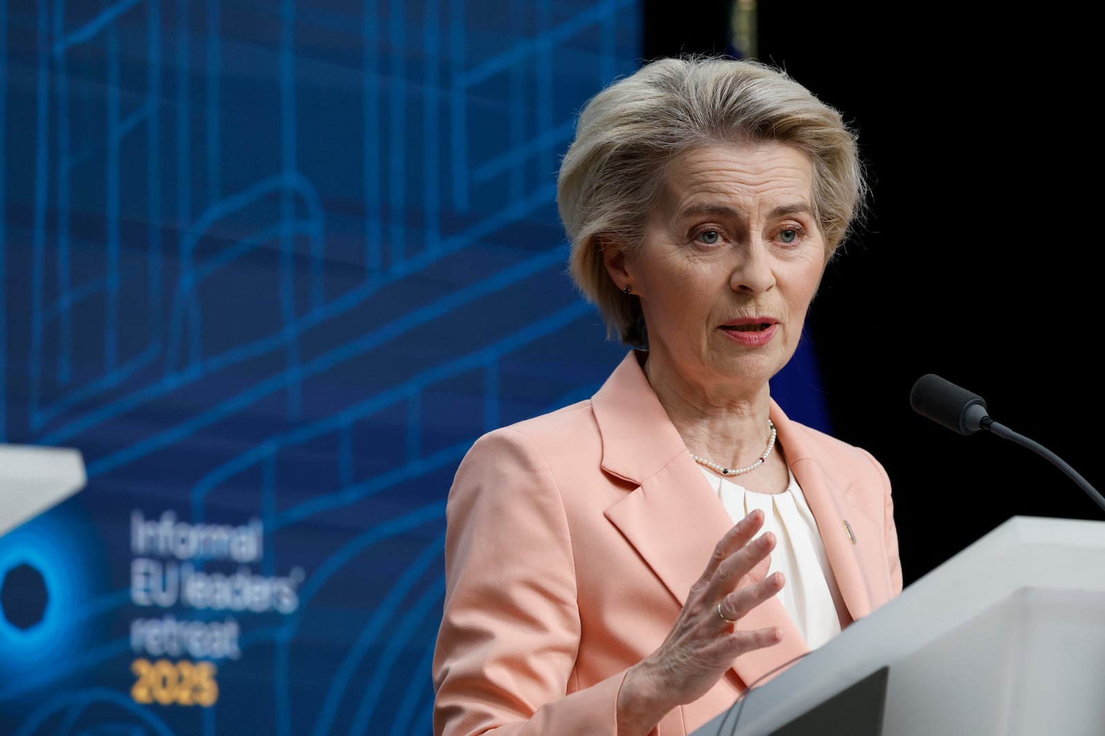 European Commission President Ursula von der Leyen addresses a media conference at the end of an EU summit in Brussels, Monday, Feb. 3, 2025. (AP Photo/Omar Havana)