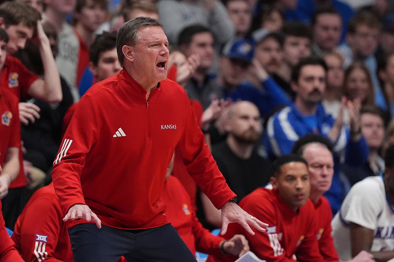 Kansas head coach Bill Self watches during the first half of an NCAA college basketball game against Iowa State, Monday, Feb. 3, 2025, in Lawrence, Kan. (AP Photo/Charlie Riedel)