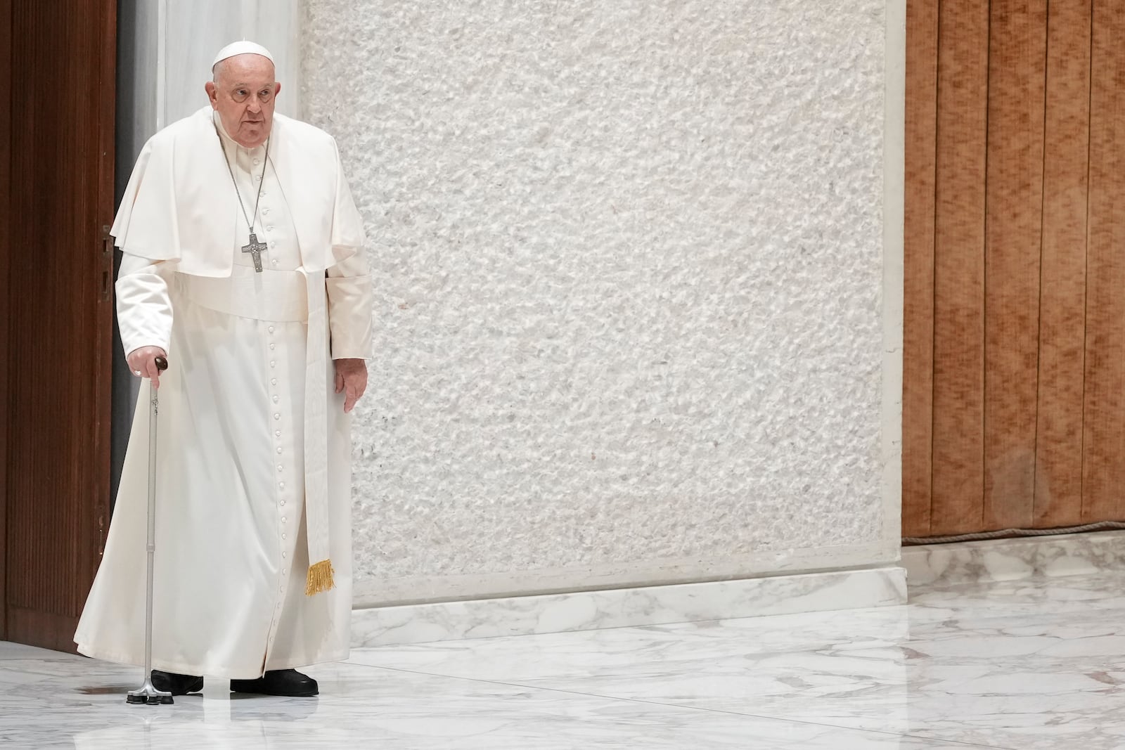 Pope Francis arrives to exchange the season's greetings with Vatican employees, in the Paul VI Hall at the Vatican, Saturday, Dec. 21, 2024. (AP Photo/Andrew Medichini)