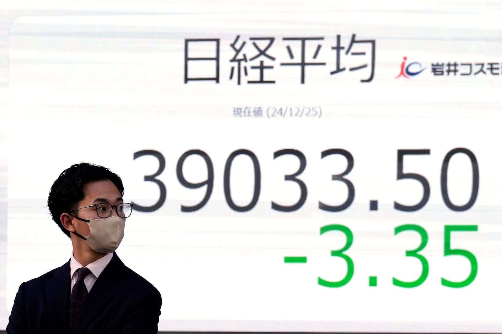 People walk in front of an electronic stock board showing Japan's Nikkei index at a securities firm Wednesday, Dec. 25, 2024, in Tokyo. (AP Photo/Eugene Hoshiko)