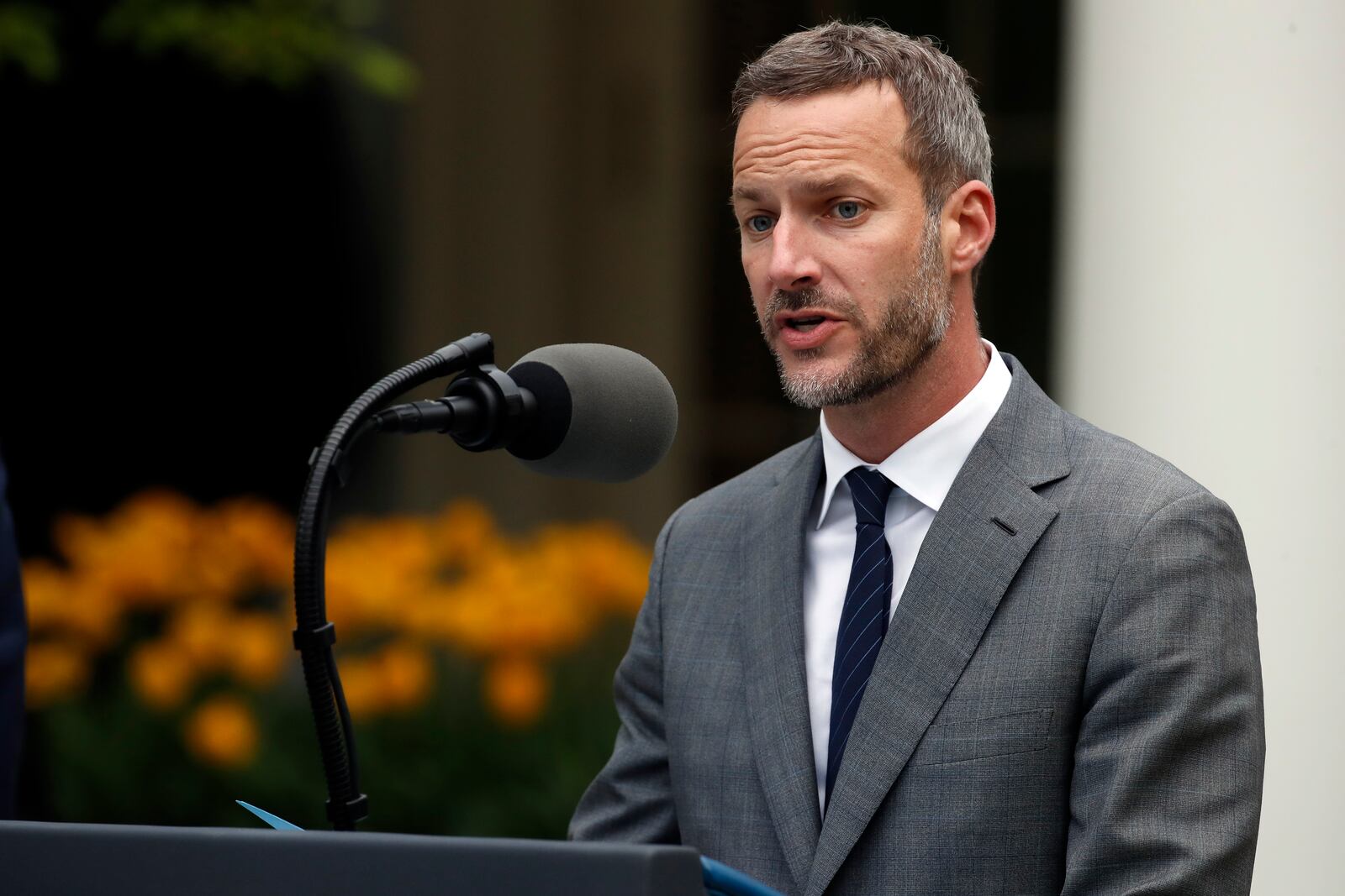 FILE - Adam Boehler, CEO of U.S. International Development Finance Corporation, speaks in the Rose Garden of the White House, April 14, 2020, in Washington. (AP Photo/Alex Brandon, File)