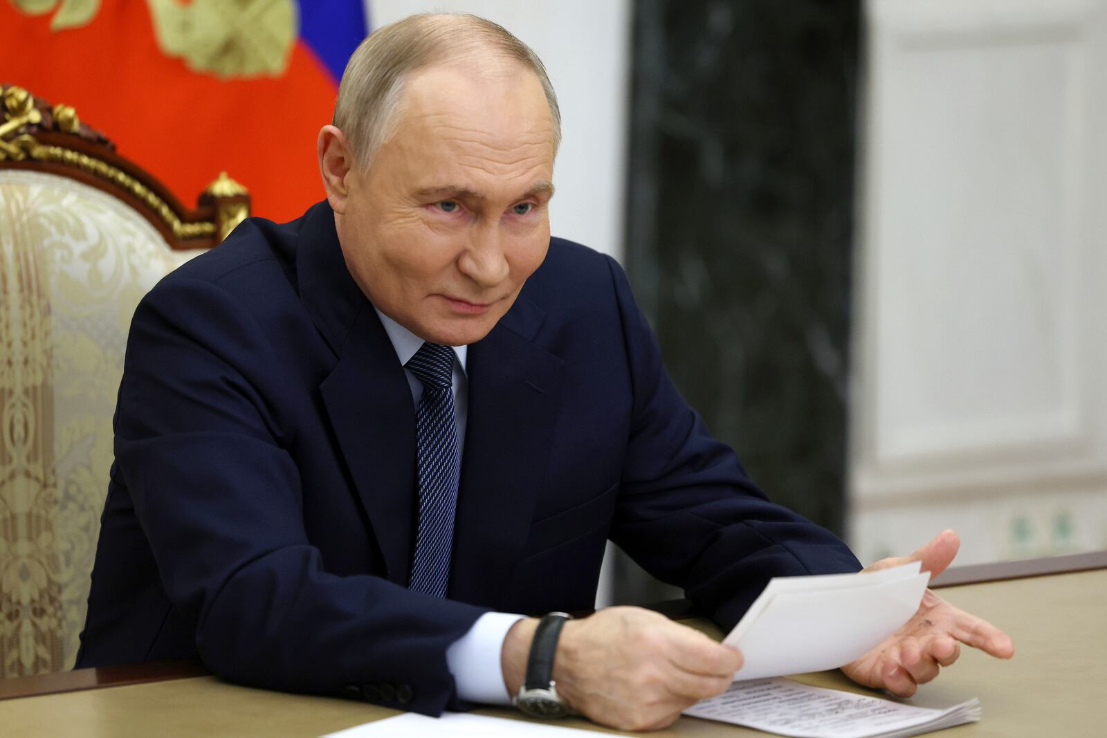 Russian President Vladimir Putin speaks during a meeting with the leadership of the Russian Ministry of Defense, representatives of the military-industrial complex and developers of missile systems at the Kremlin in Moscow, Russia, Friday, Nov. 22, 2024. (Vyacheslav Prokofyev/Sputnik, Kremlin Pool Photo via AP)