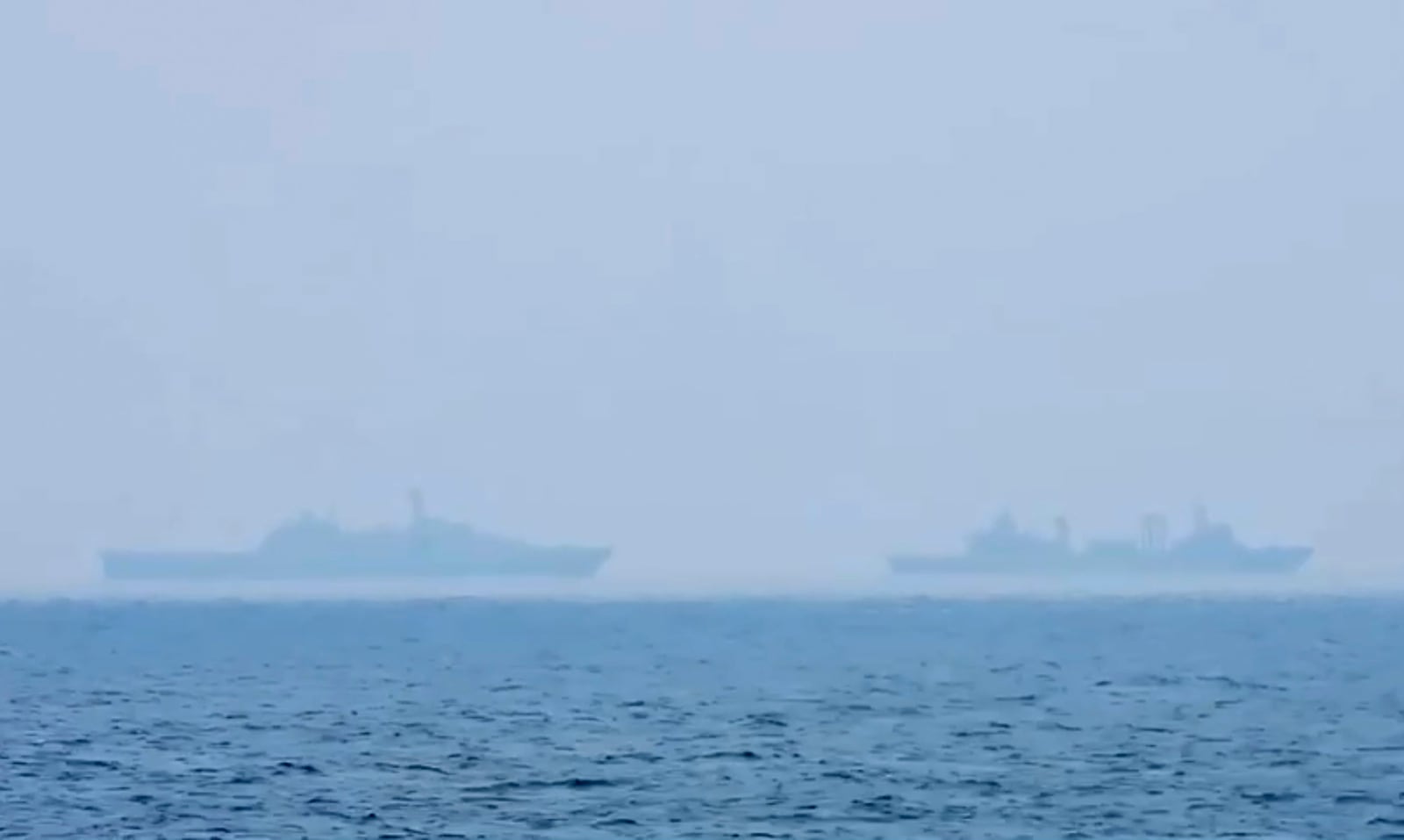 This image taken off a video released by the Taiwan Ministry of National Defense shows what it says Chinese war ships conducting drills about 40 nautical miles (74km) off the coast of western Taiwan's Kaohsiung and Pingtung cities on Wednesday, Feb. 26, 2025. (Taiwan Ministry of National Defense via AP)