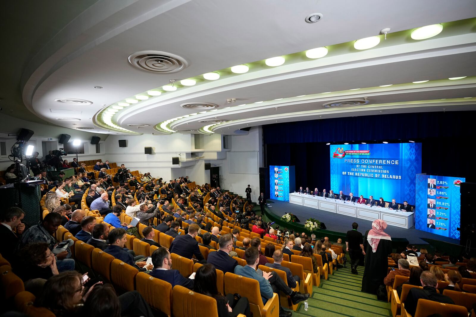 The head of the Central Commission of the Republic of Belarus Igor Karpenko and his colleagues attend a news conference on presidential election results in Minsk, Belarus, Monday, Jan. 27, 2025. (AP Photo/Pavel Bednyakov)