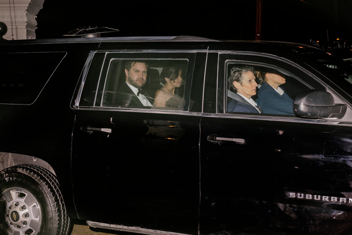 Vice President-elect JD Vance arrives with his motorcade at an inauguration party hosted by Peter Thiel at his house in Washington on Jan. 18, 2025. (Jason Andrew/The New York Times)