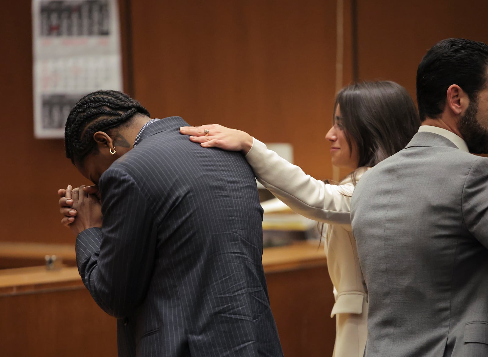 A$AP Rocky reacts in the courtroom after he was found not guilty during his trial Tuesday, Feb. 18, 2025, in Los Angeles. (Daniel Cole/Pool Photo via AP)