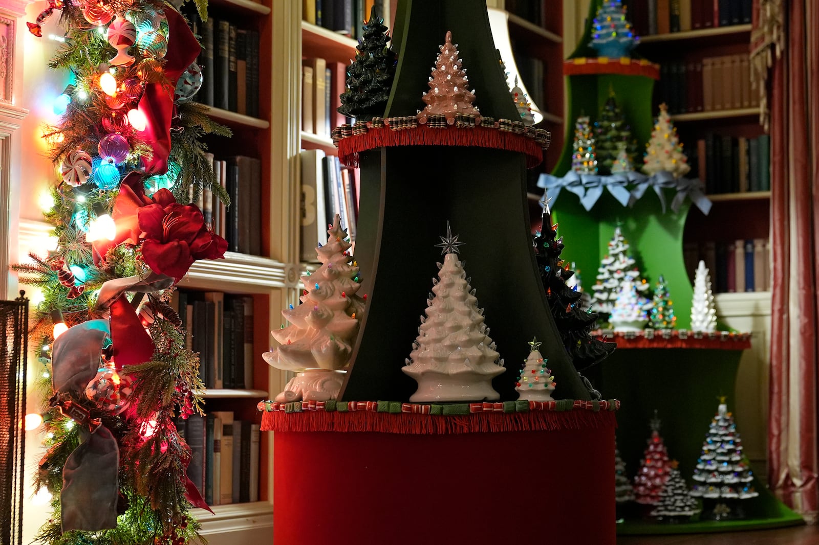 The Library of the White House in Washington, is decorated for the holidays, Monday, Dec. 2, 2024. (AP Photo/Susan Walsh)