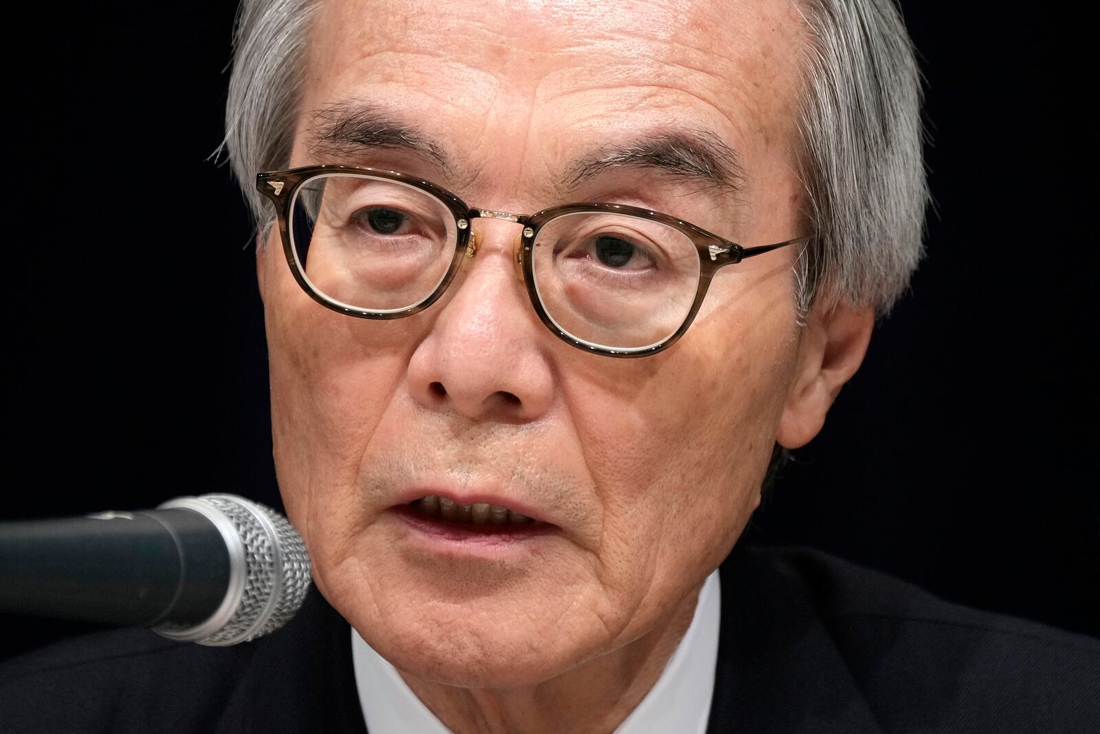 Shuji Kano, Fuji Media Holdings COB, answers a question during a news conference at the Fuji Television headquarters in Tokyo, Monday, Jan. 27, 2025. (AP Photo/Eugene Hoshiko)