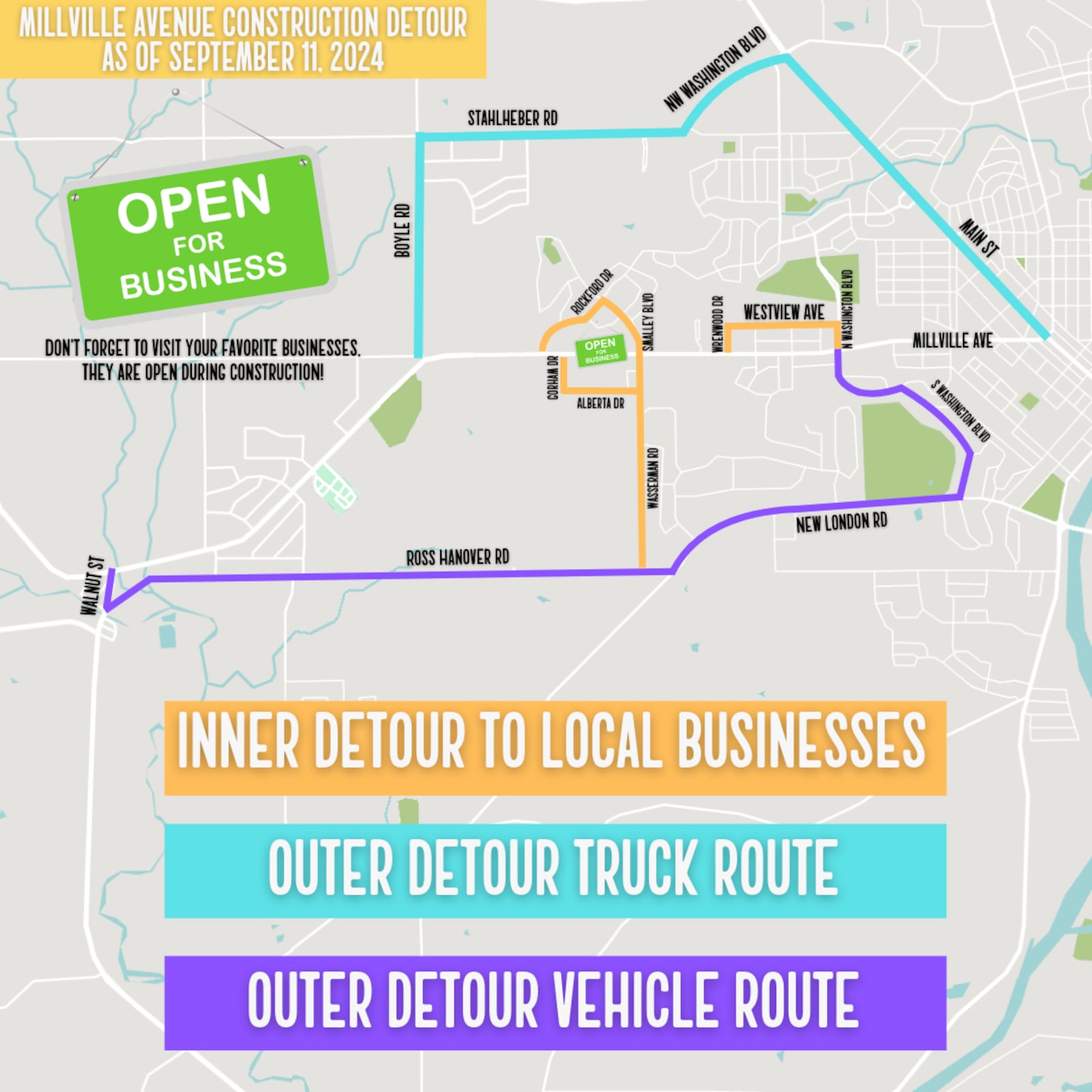 A map highlighting the detours around the Millville Avenue construction project in Hamilton, which started in mid-June and will wrap up in Summer 2025. PROVIDED