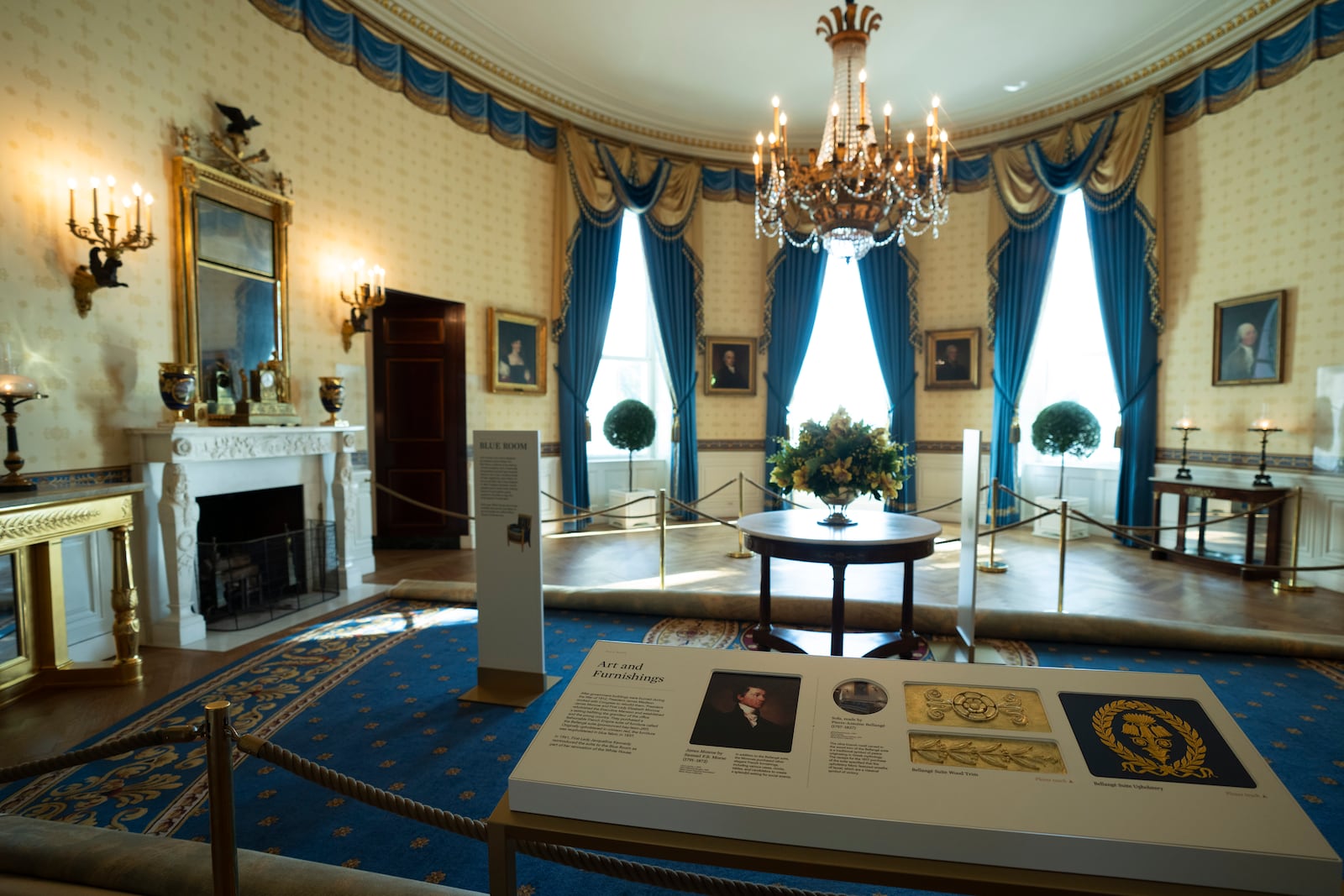 The Blue Room is shown Friday, Oct. 18, 2024 in Washington in preparation for first lady Jill Biden's unveiling of the updated White House Public Tour on Monday, Oct. 21, 2024. (AP Photo/Manuel Balce Ceneta)