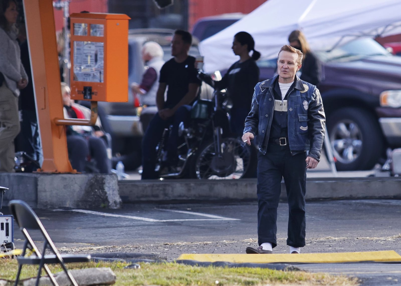 Cast and crew of "The Bikeriders" film at Jolly's root beer stand on Brookwood Avenue in Hamilton Thurs., Oct. 6, 2022. The movie has been filming in Cincinnati and is expected to film at another Hamilton location later in the month. The Bikeriders is a movie inspired by the Danny Lyon photography book of the same name set in the 1960s and follows the rise of a fictional Midwestern motorcycle club as told through its members. NICK GRAHAM/STAFF