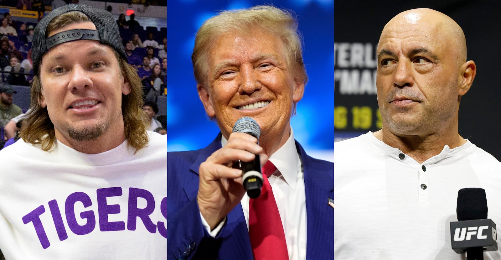 This combination of images shows comedian and podcaster Theo Von, left, President Donald Trump, center, and comedian-commentator and podcaster Joe Rogan. (AP Photo)