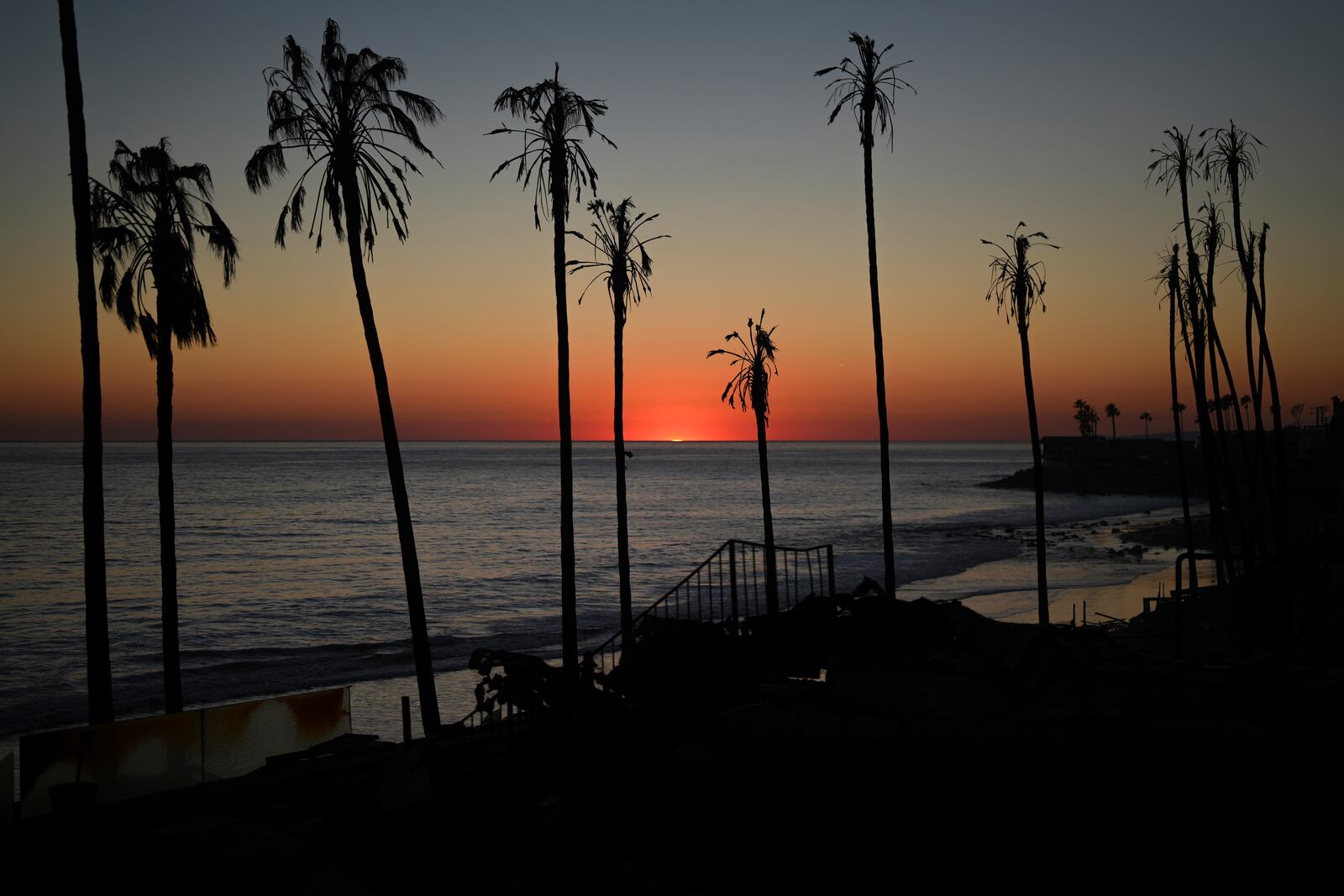 The sun sets behind palm trees burnt by the Palisades Fire on Friday, Jan. 10, 2025, in Malibu, Calif. (AP Photo/Eric Thayer)